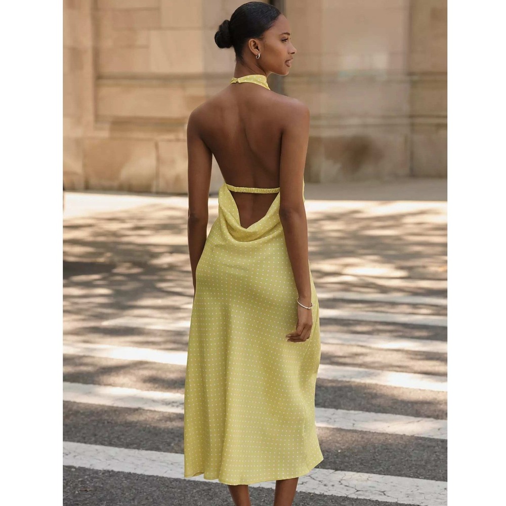 NWT Maeve Anthropologie Yellow Polka Dot Halter Open Cowl Back Midi Dress Large